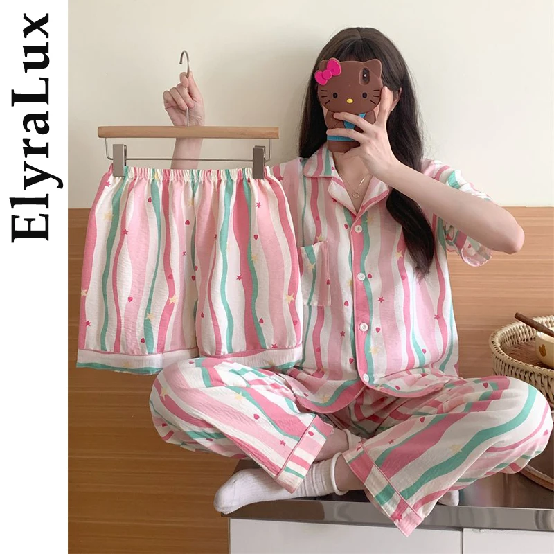 

ElyraLux Women's Home Wear New Casual Pajamas Summer Short-Sleeved Shorts Three-Piece Casual Cardigan Plus Size Home Wear Set