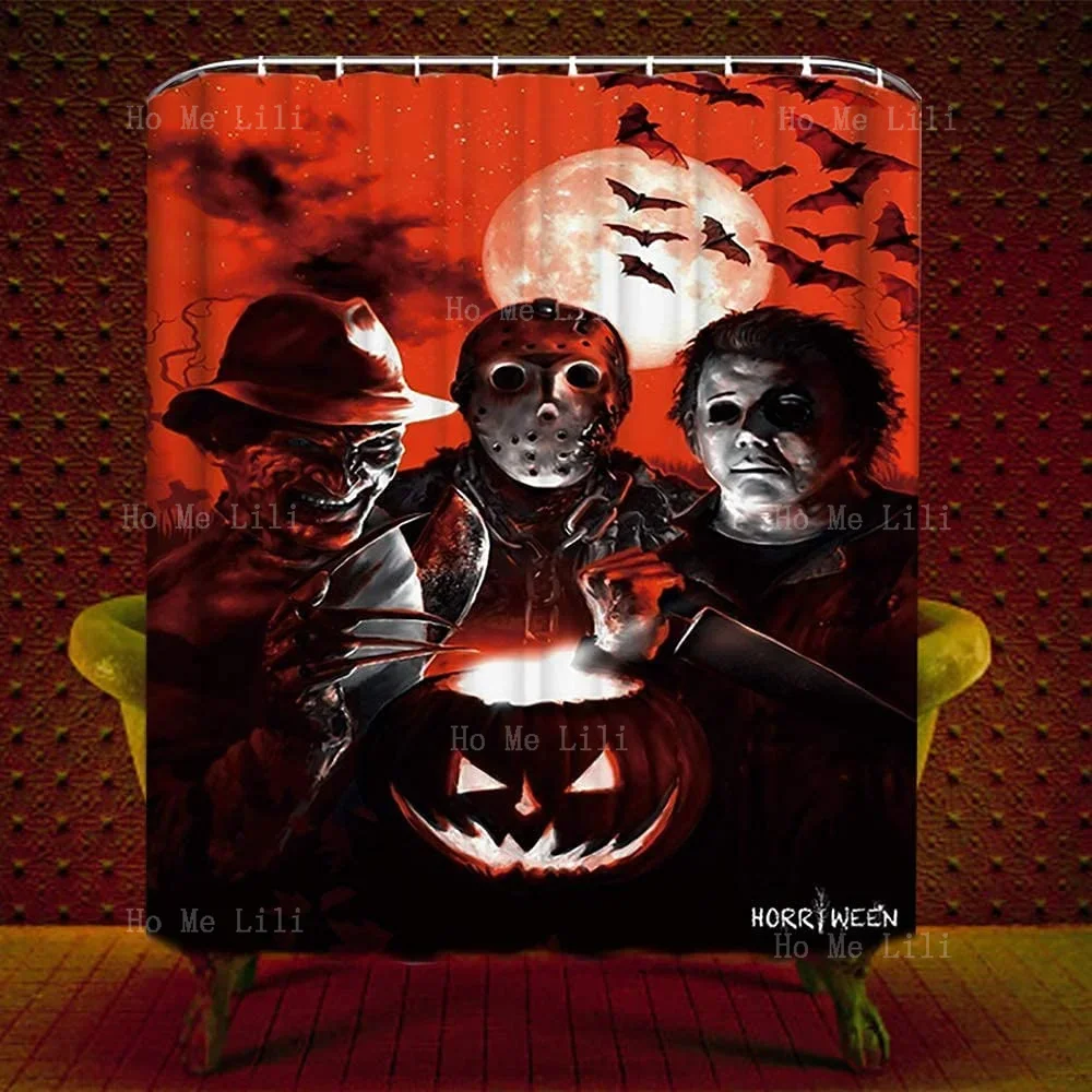 Bathroom Halloween Shower Curtain Set Scary Killer Freddy Jason Michael Horror Movie Themed Holiday Decor Hooks