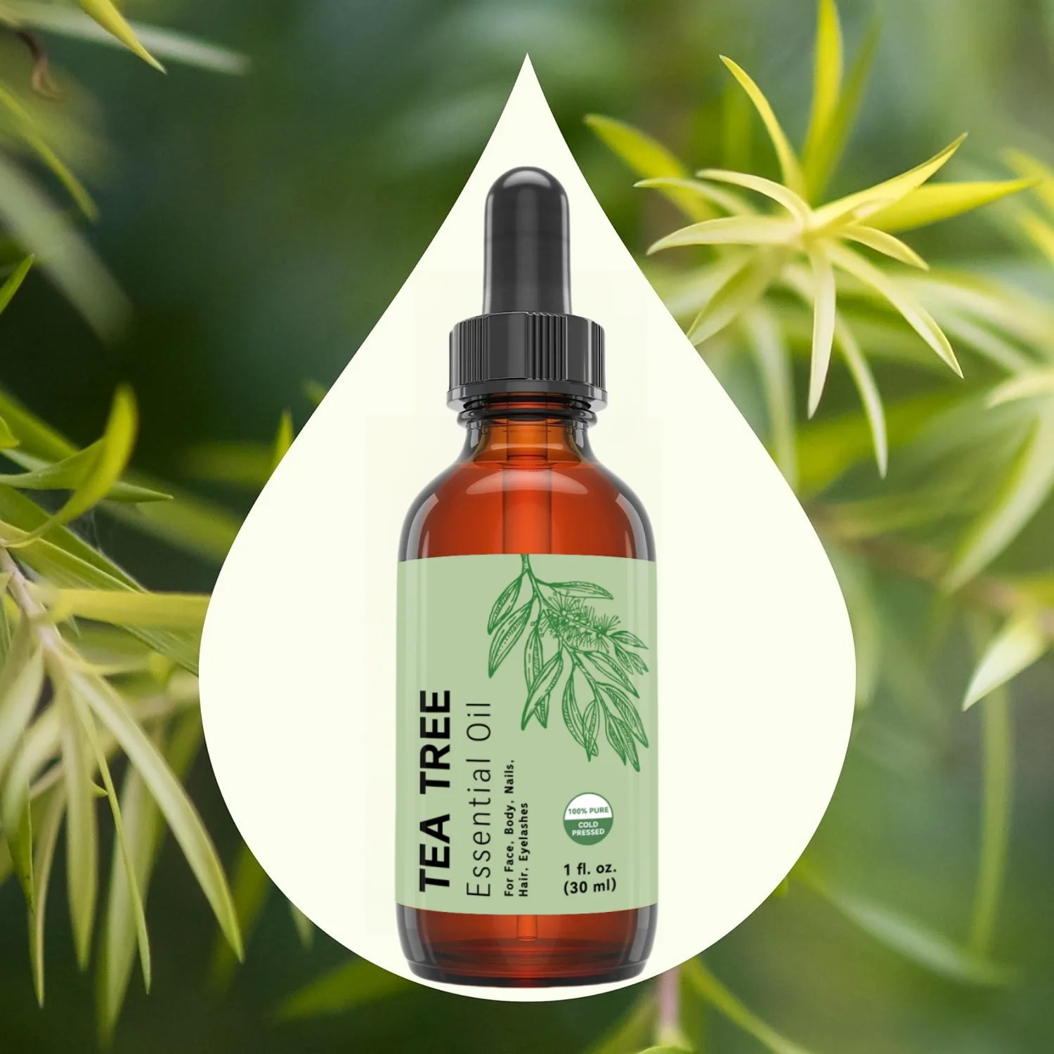 

TEA TREE Essential Oil For Face, Body, Nails, Hair, Eyelashes with Glass Dropper100% PURE COLD PRESSED 1fl.oz. (30ml)