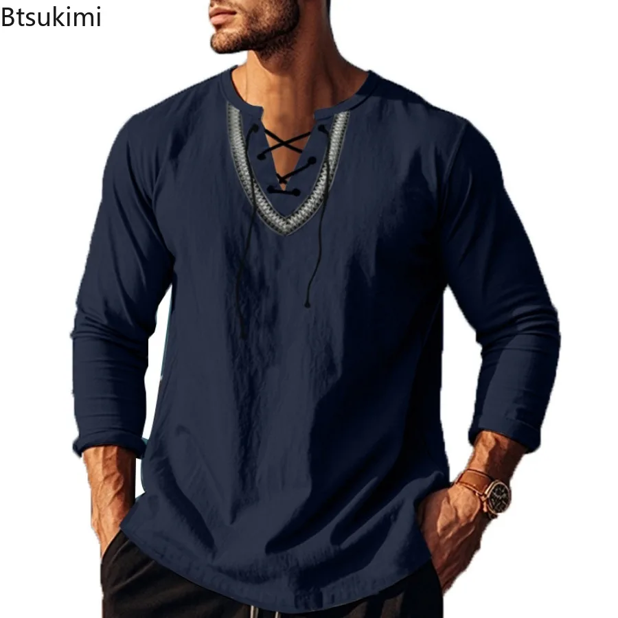 2026 Spring Autumn Cotton Linen Shirts for Men Casual Fashion V-neck Tie Up Long-sleeved Shirts Men Retro Loose Vacation Blouses