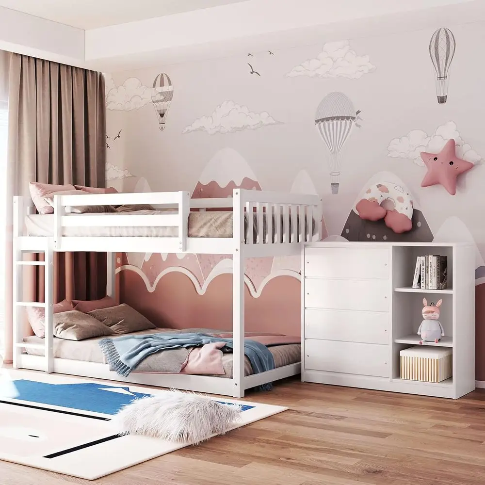 

Двухъярусная кровать Twin Over Twin с местом для хранения, 4 ящиками и 3 полками, подходит для детей, подростков и взрослых (белая)