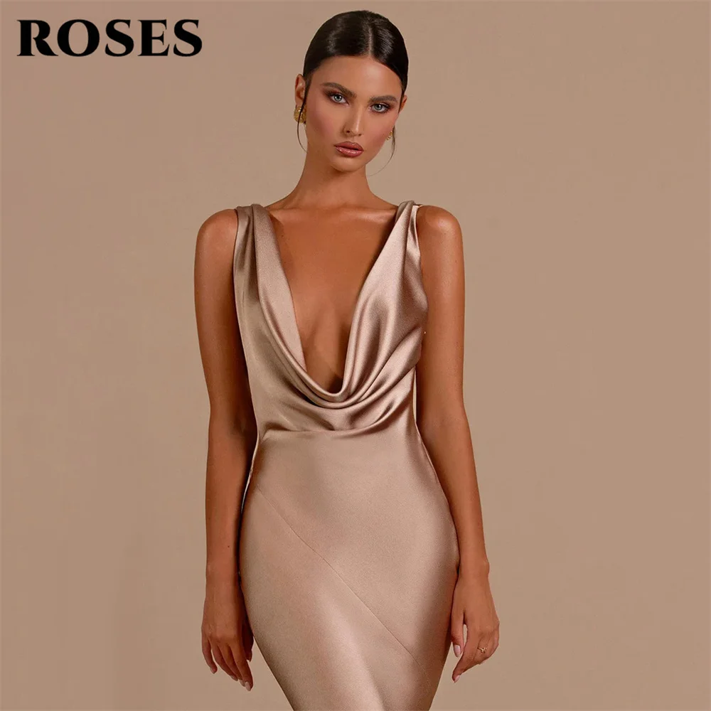 ROSES Elegant Simple Champagne Prom Dress Deep V-Neck Pleats Draped Evening Dress Sexy Mermaid Satin Party Dress Backless 프롬드레스