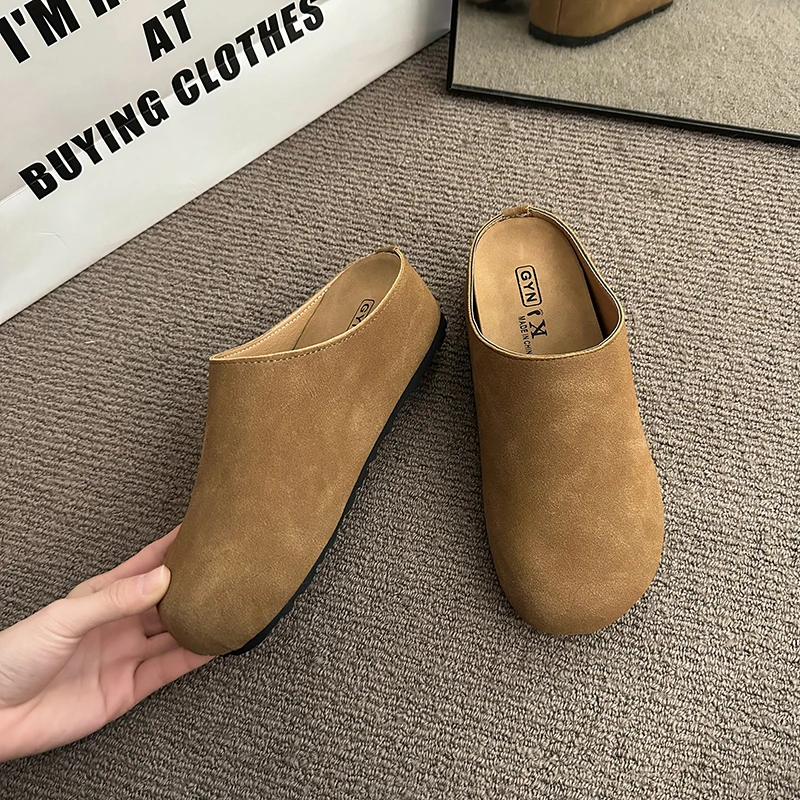 New Women\'s Slippers Closed Toe Round Toe Suede Clogs Sandals Autumn New Retro Solid Color Flat Bottom Women\'s Slingback Shoes