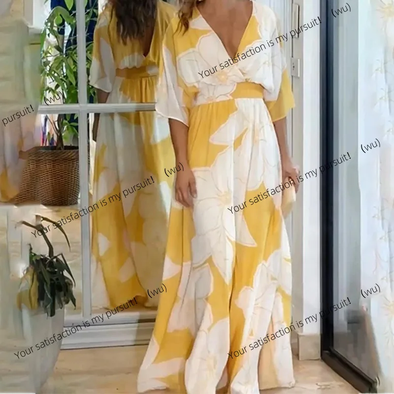 

Women's A-shaped dress Floral print V-neck long dress Fashion half sleeve Summer Spring