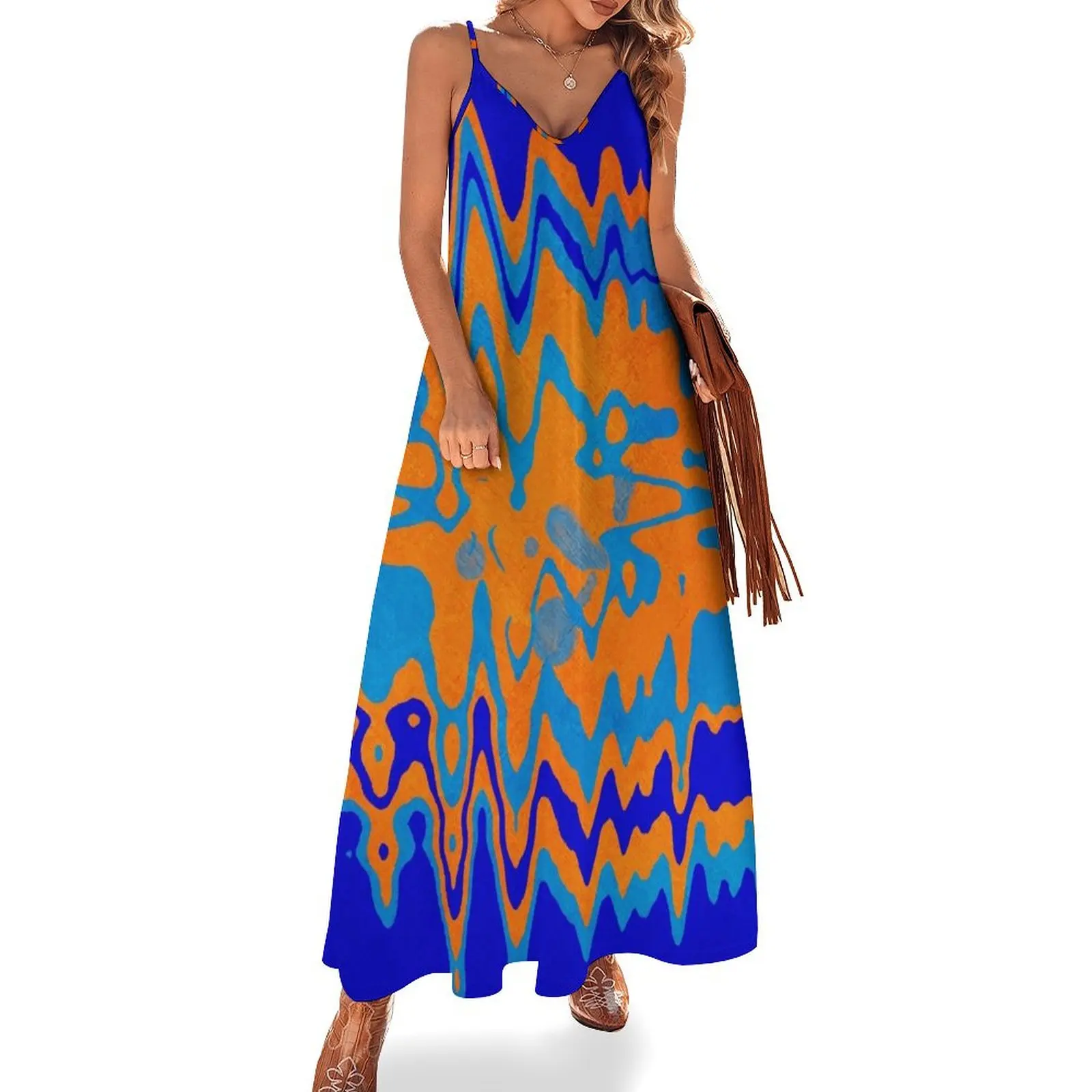 

Blue Orange Abstract Sleeveless Dress elegant chic women dresses promotion Dress for girls