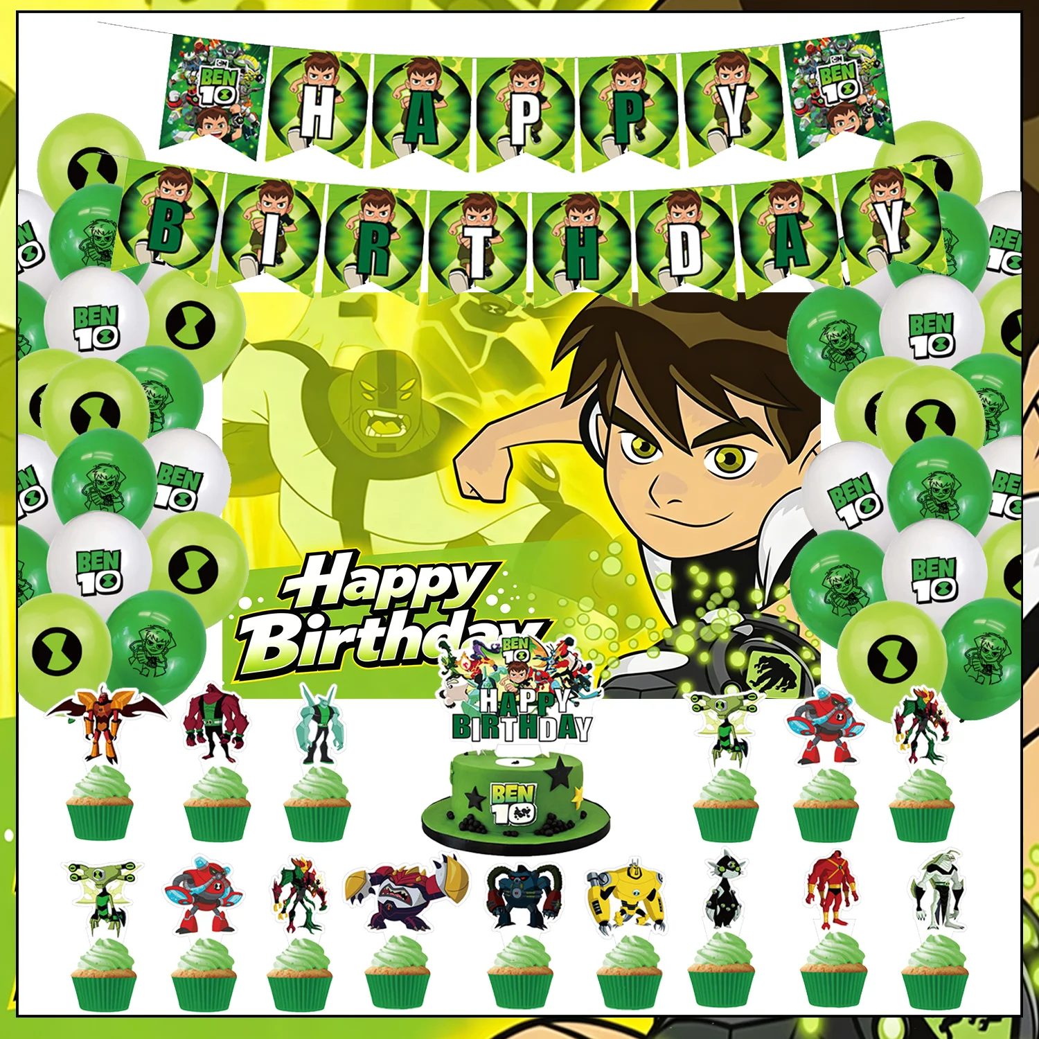 Cartoon Ben-10 Theme Backdrop Kids Birthday Party Decoration Cake Toppers Balloon Banner  Background Boys Favors Gifts Supplies