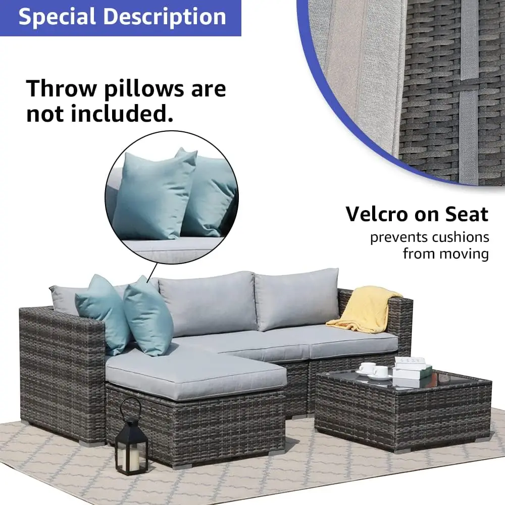 5 Piece Outdoor Patio Furniture Set, Sectional Conversation All-Weather Grey PE Wicker w/Light Cushions