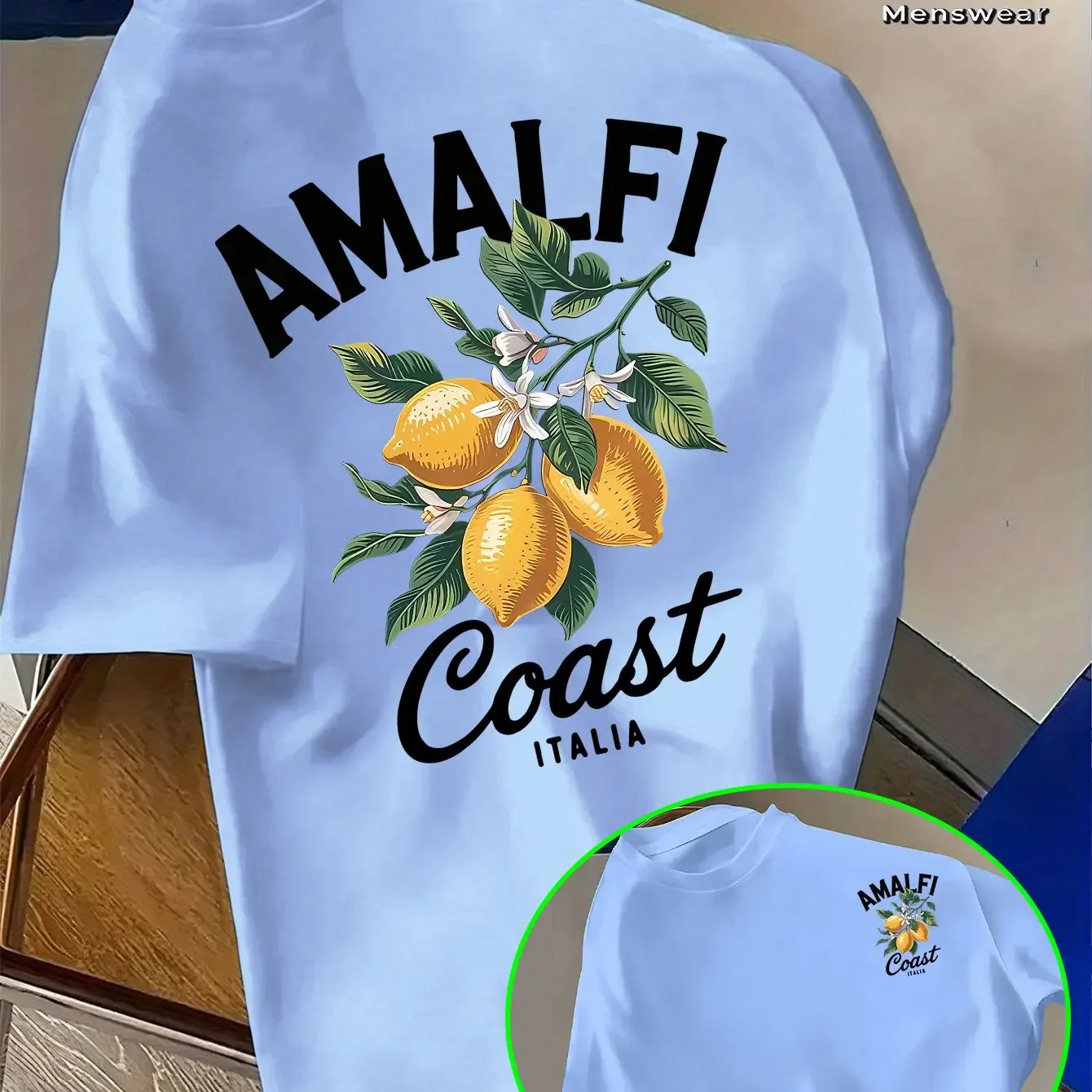 Men's 100% Cotton Amalfi Coast Lemon Pattern T-Shirt Summer Italian Vacation T-Shirt Breathable Casual Short-Sleeve Top