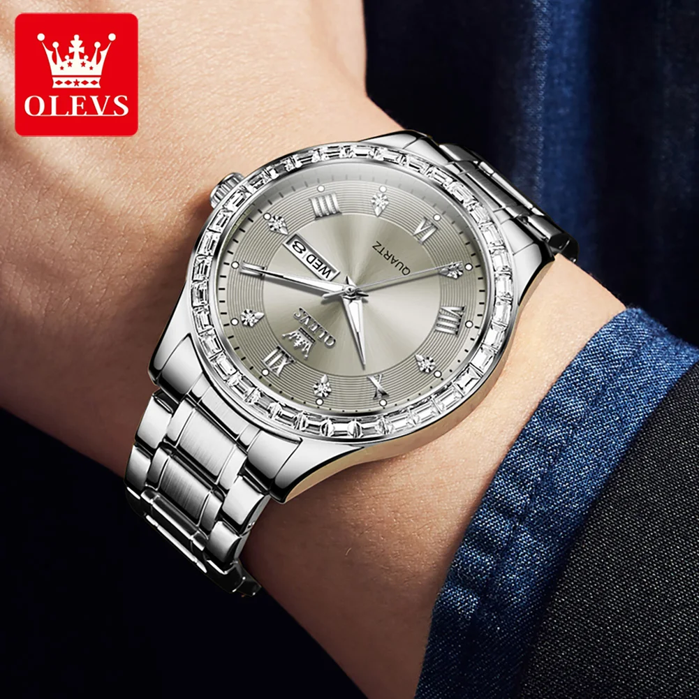 OLEVS Brand Diamond Men\'s Watches High Quality Stainless steel Date Calendar Roman Dial Waterproof Wristwatch Hand Clock for Men