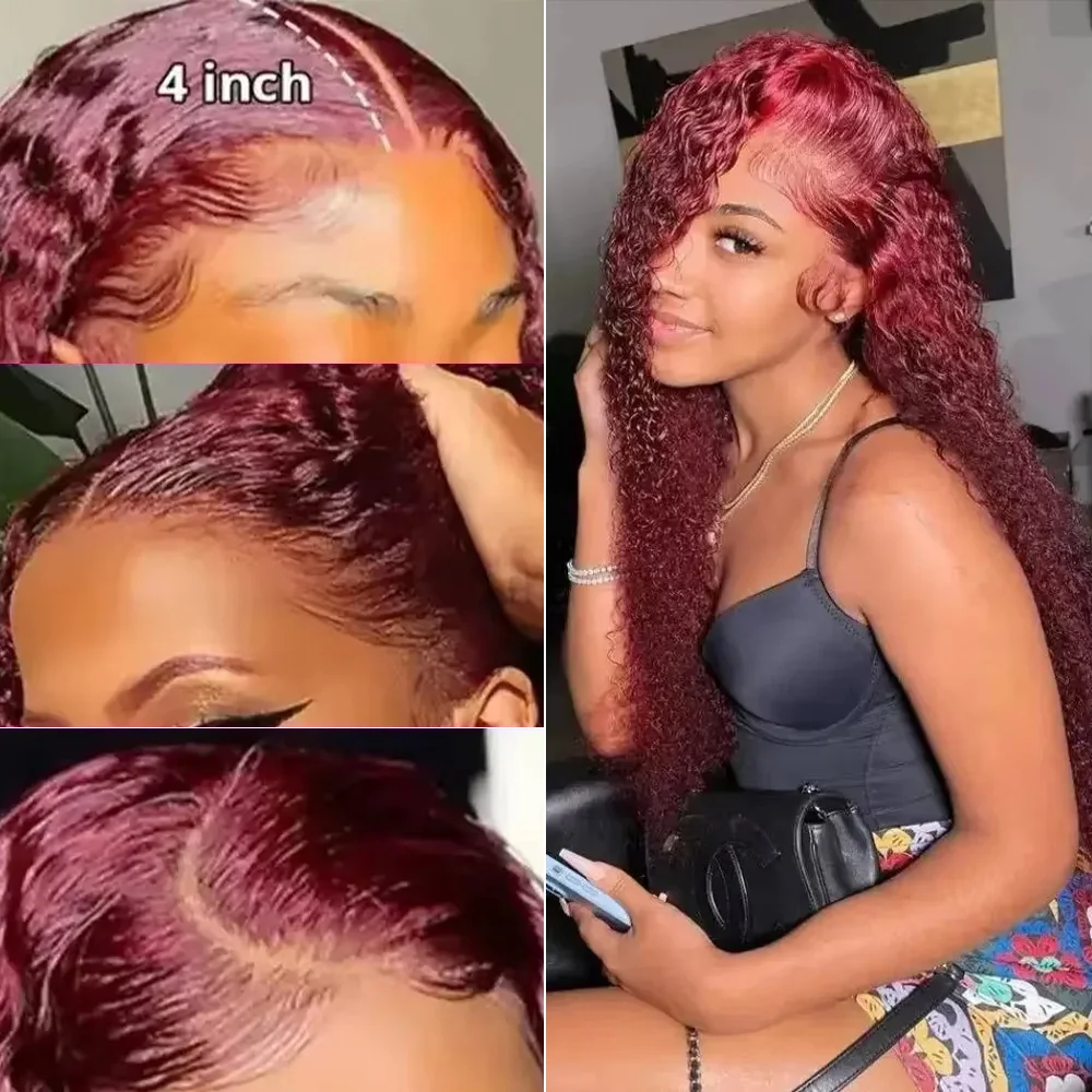 30 36 بوصة HD الدانتيل الشفاف 200% الكثافة 13x6 الدانتيل الأمامي 99j بورجوندي قبل قطعها الملونة موجة عميقة أمامي باروكة من شعر طبيعي