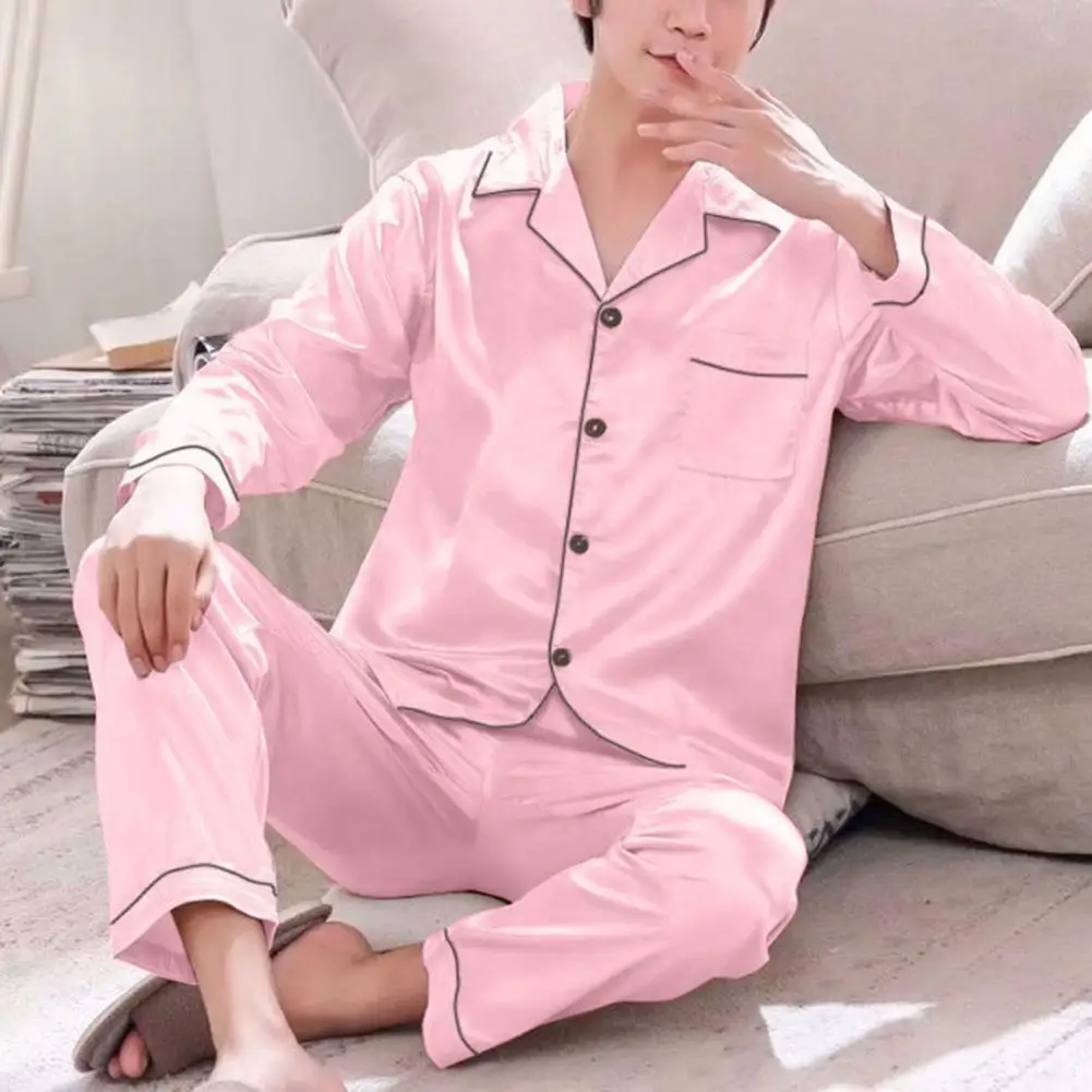 1 Set Comfortable Male Pajamas Ice Silk Men Pajamas Set Solid Color Relaxed Fit Buttons Pajamas Set Home Wear