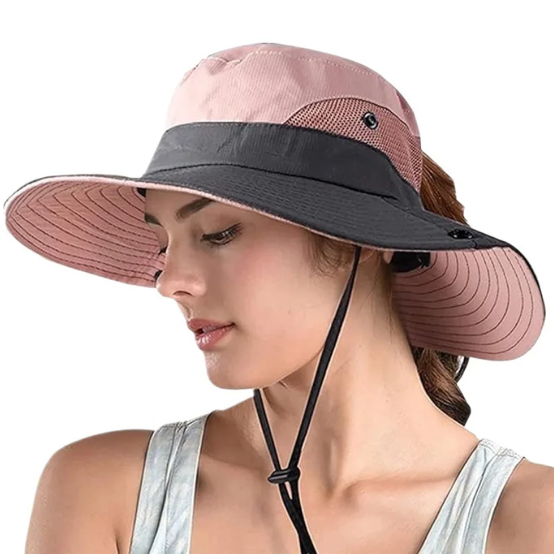 1 Stück Damen Outdoor UV-Schutz Faltbarer Sonnenhut mit Netz und breiter Krempe, Strand- und Angelhut mit Pferdeschwanz-Öffnung für Outdoor-Aktivitäten