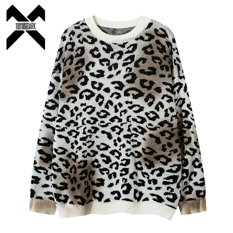 Vintage Leopard Knit Sweater 2025 Autumn Distressed Grunge Streetwear Pullover Couple Casual Knitwear Hipster