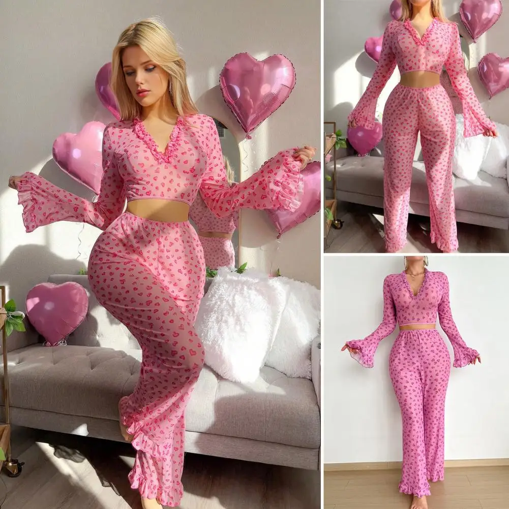 

See-through Pajamas Sexy Pajamas Set Women’s Valentine Pajamas Set Heart Print Lounge Sleepwear Ruffle Hem Long Sleeve V-neck