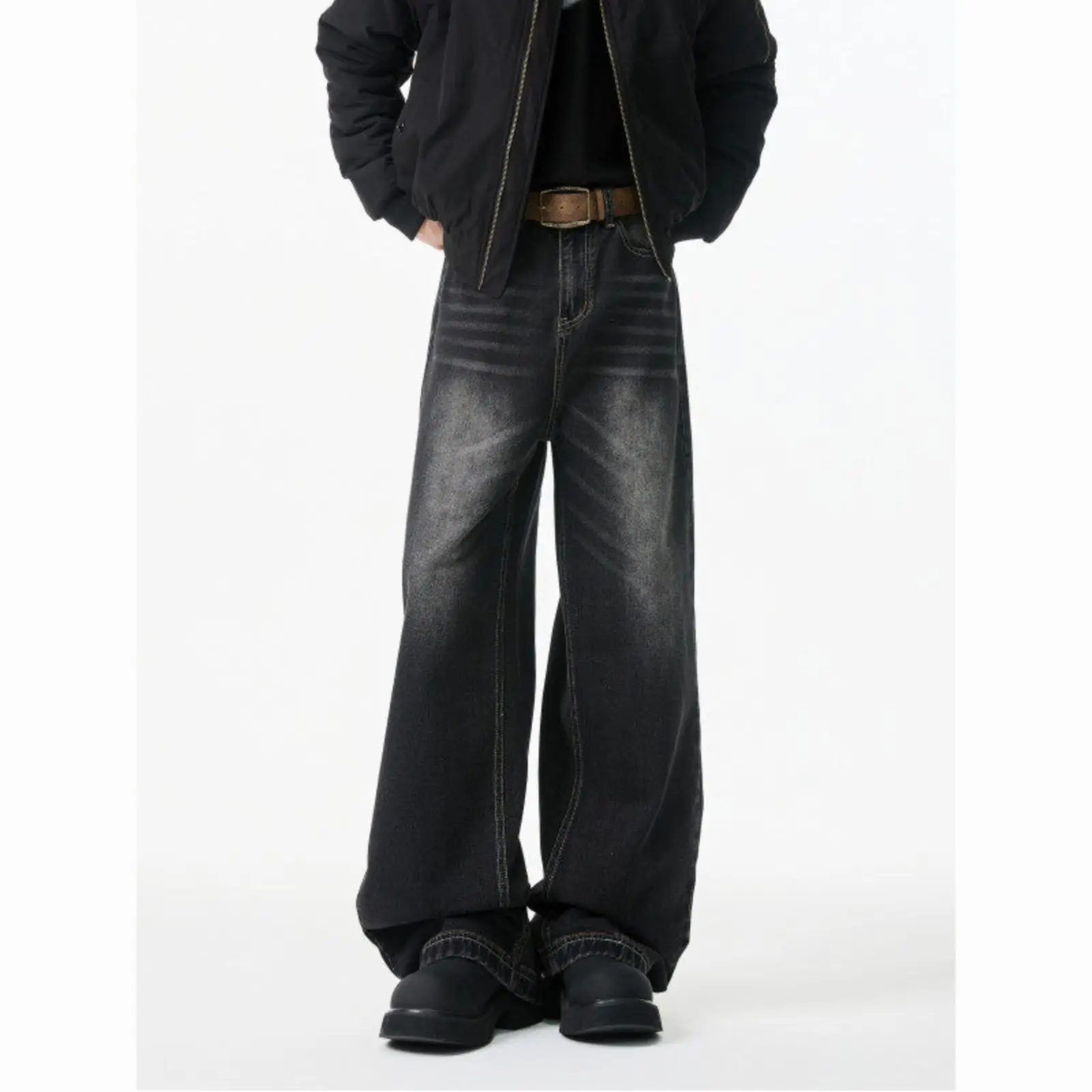 Korean Popular Clothes Retro Old Large Size Washed Wide-leg Jeans Men Loose and Casual Mopping Straight Cargo Baggy Trousers