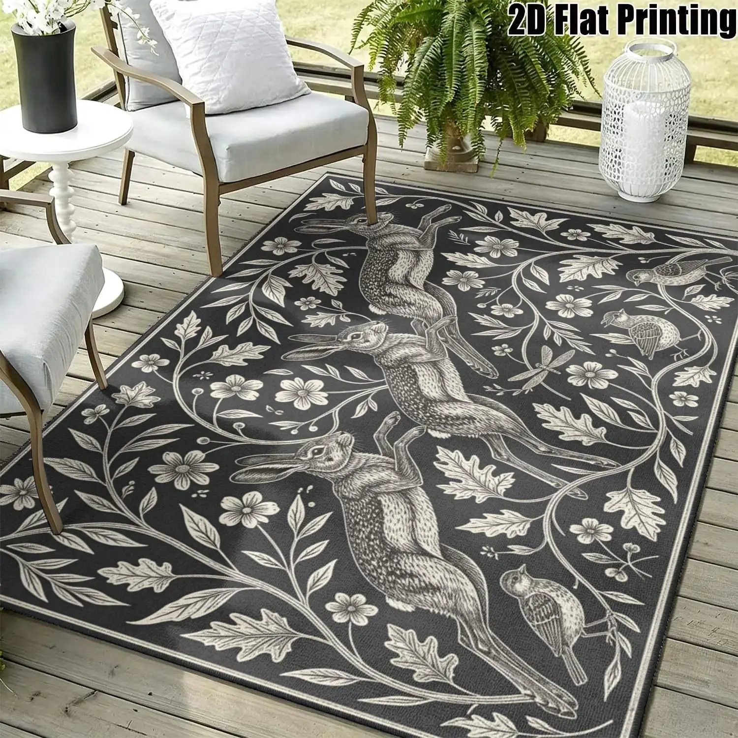 1Pc 2D Printed Carpet: Black White Retro Animal Floral Pattern, European/Bohemian/Geometric Style, Machine Washable, Multi-Size Home Decor Rug for Entryway, Living Room, Bedroom, Dining Room