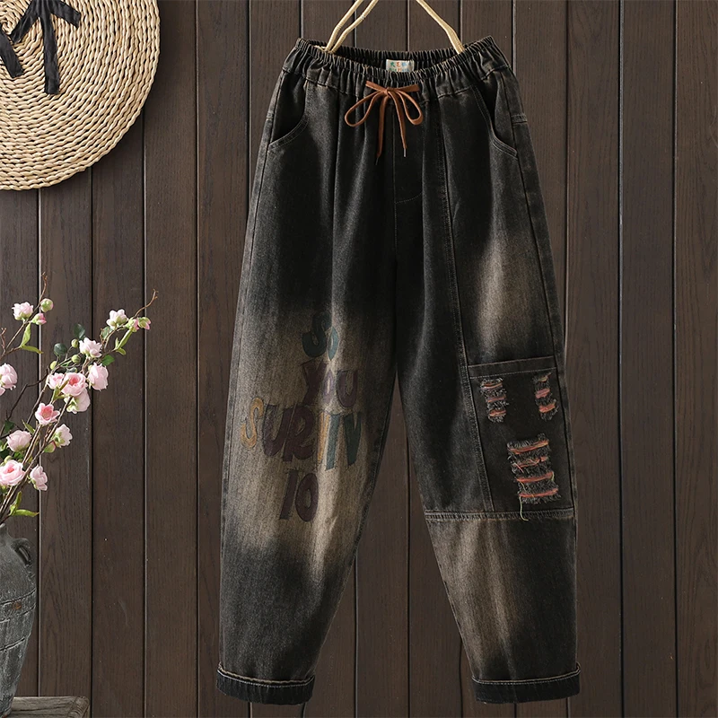 Celana Harem Denim Bordir Tebal 9-Length Patchwork Kasual Katun Campuran Bla Jeans untuk Wanita Ukuran Besar
