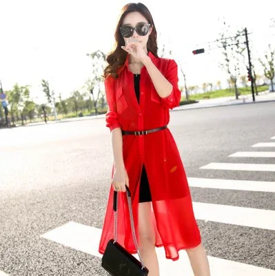 Black White Red Green Long Cardigan Female Long Sleeve Summer Cardigan Casual Shirt Women Z687