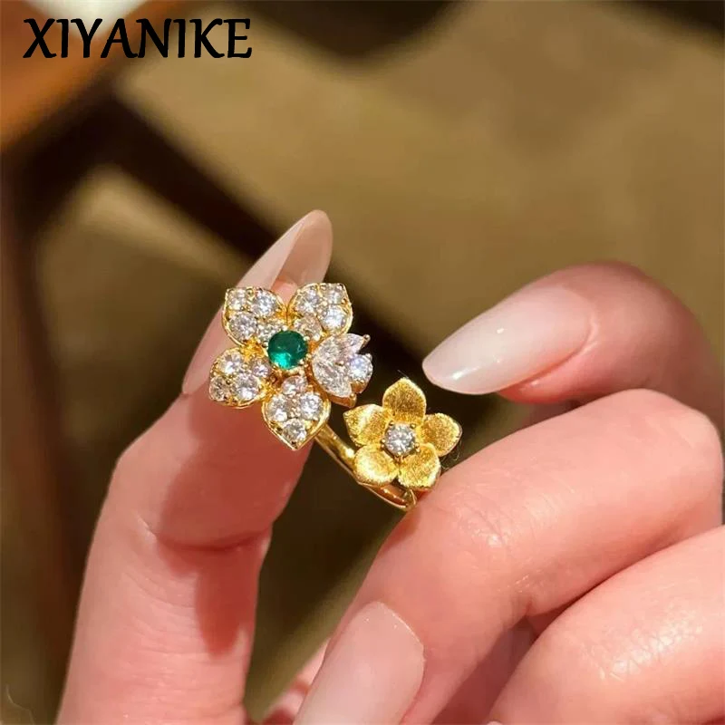 XIYANIKE Brushed Double Flower Zircon Adjustable Finger Rings For Women Lady Fashion New Jewelry Gift Party Vacation кольцо