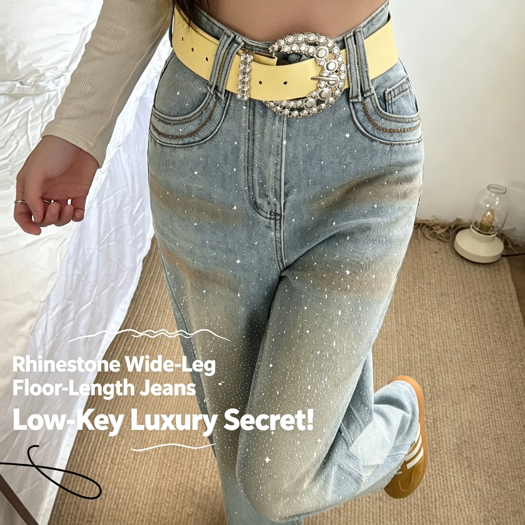 Women Sparkle Rhinestone Stretch Wide Leg Jeans, Hot Girl Style, Versatile Floor-Length Denim Pants, Hip Covering Slim Pants