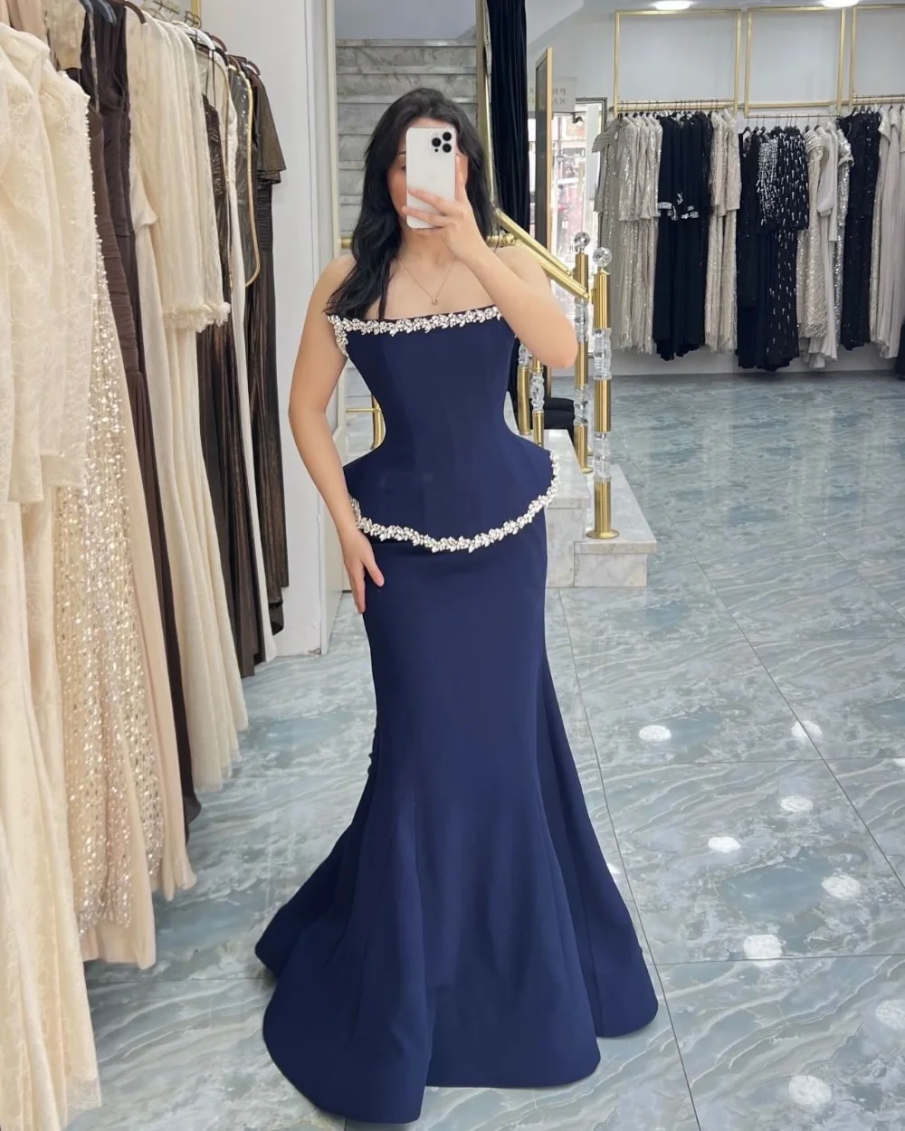 

Customized Navy Blue Luxury Casual Jersey Pleat Rhinestone Mermaid Strapless Floor-Length Evening Dresses For Birthday Party
