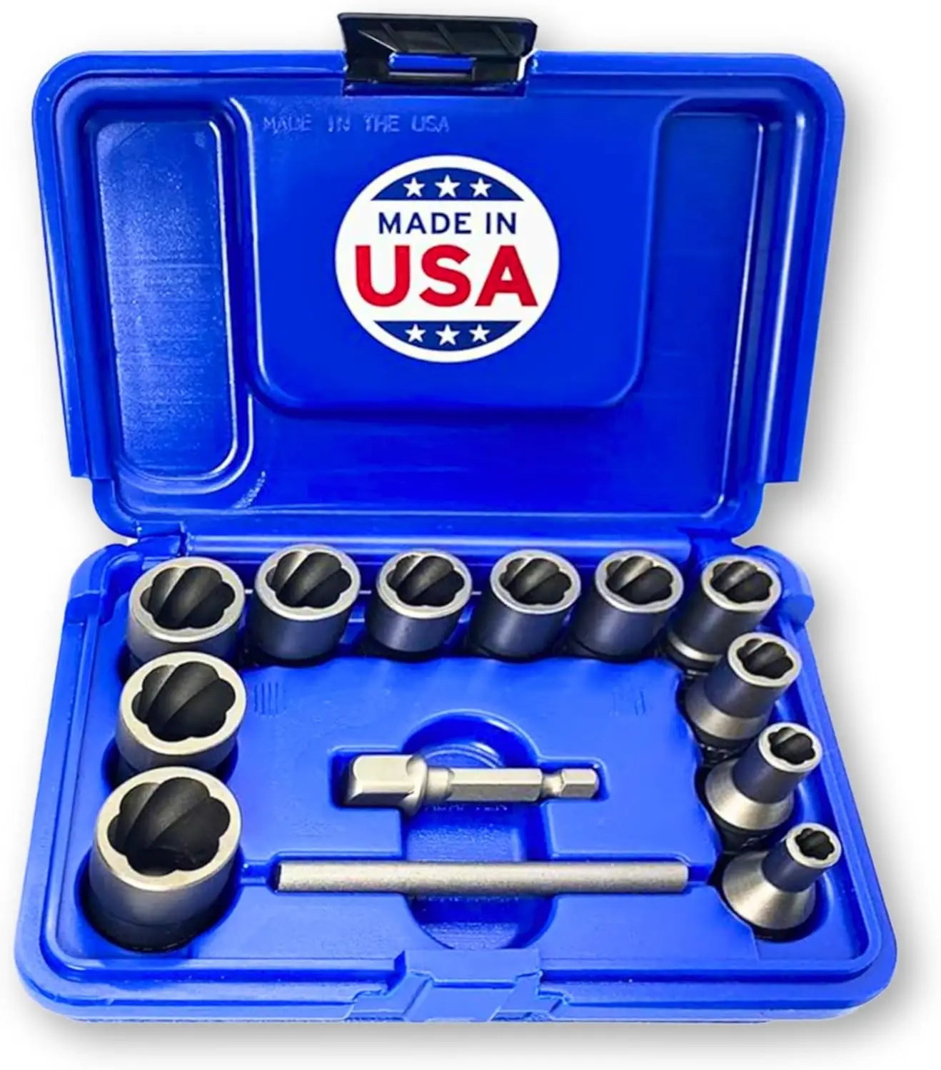 

13-Piece Bolt Extractor Set | USA-Made Turbo Sockets for Stripped, Frozen Bolts & Nuts | ⅜” Drive Impact Grade Lug Nut Remover K