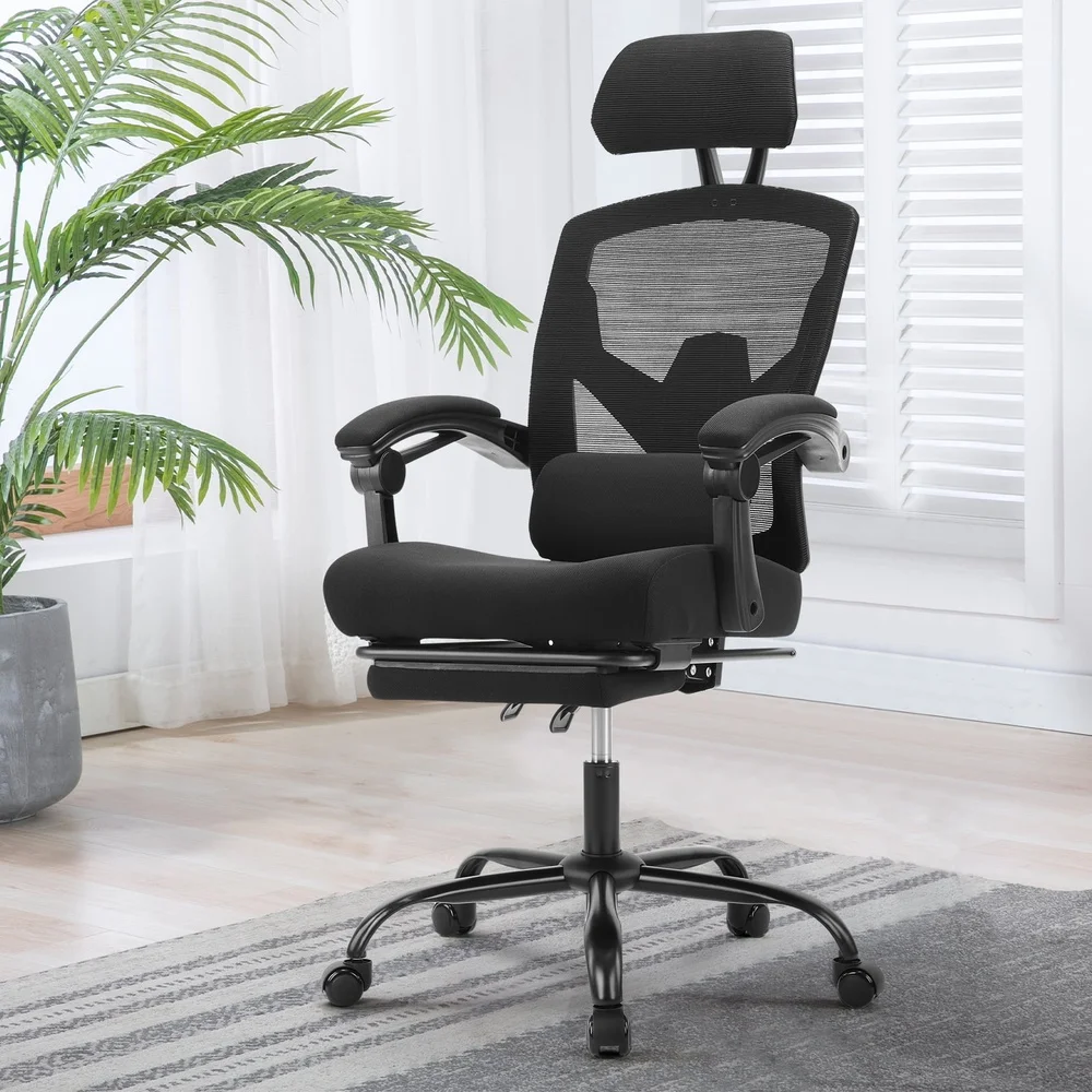 Ergonomic Office Chair High Back Mesh Reclining Lumbar Support Adjustable Headrest Footrest Padded Arms Smooth Rolling Casters