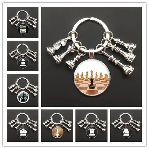 New/Chess Keychain Chess Board Pieces Glass Dome Pendant Car Keychain Ring Chess Lover Gift High Quality Keychain