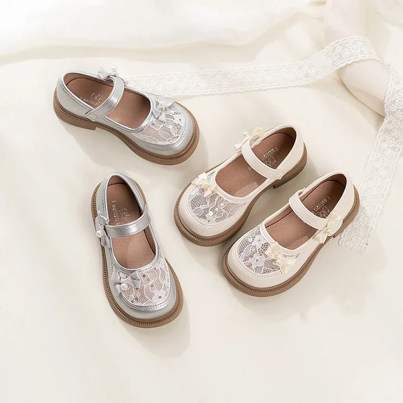 

2025 New Girls Princess Leather Shoes Mesh Bowknot Children Fashion Mary Jane Shoes Elegant Sweet Kids Causal Dress Flat Shoes