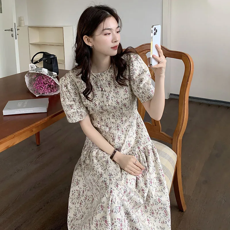 Chic Summer New Gentle round Ne Single Button Waist Inward Bubble Sve Floral Print Women's Dr Korean Sle High Waist...