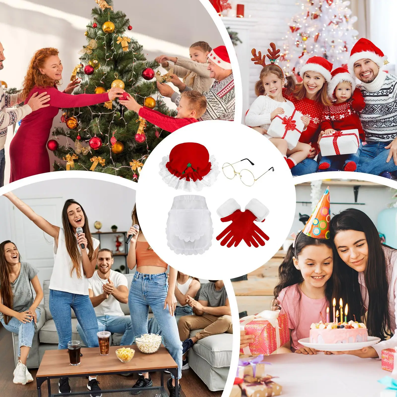 

Аксессуары для костюма Санта-Клауса, нарядная шляпа, очки, фартук, перчатки, рождественский костюм Санта-Клауса, комплект аксессуаров для женщин, праздник