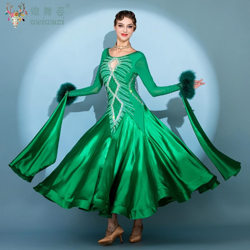 

Костюм для бальных танцев, высококачественное атласное платье с длинными рукавами и камнями AB по индивидуальному заказу, одежда для соревнований по современным танцам