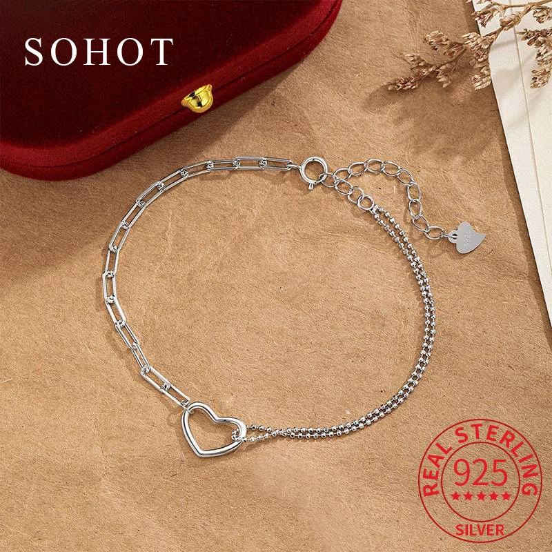 

Real 925 Sterling Silver Hollow Heart Chain Charm Bracelet for Women Ajustable Romantic Fine Jewelry Light Luxury Accessories