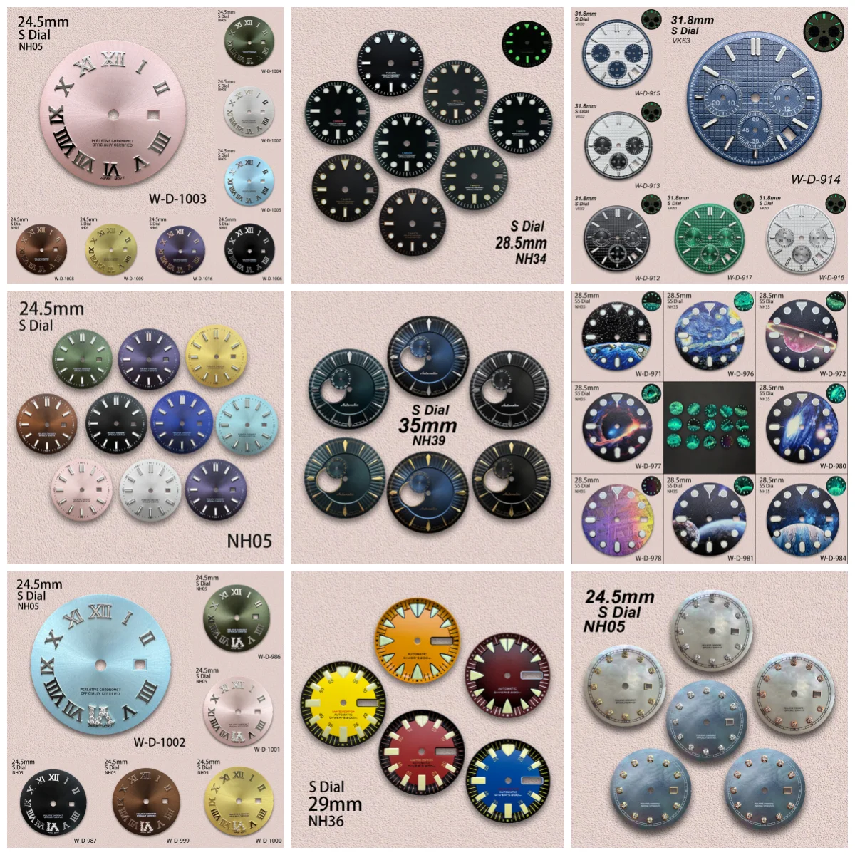 

24.5/28.5/29/31.8/35mm Rome S Logo Dial Fit NH34/NH35/NH36/NH05/VK63/NH39 Movement Green Luminous Watch Modification Accessories
