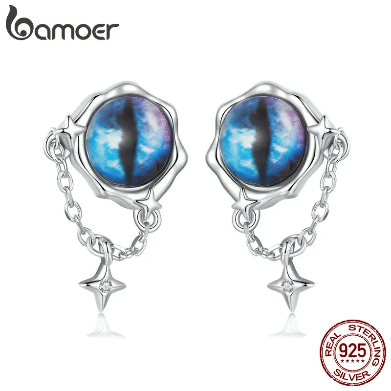 BAMOER 925 Sterling Silver Evil Eye Stud Earrings Vintage Protection Devil Eye CZ Earrings Jewelry for Women BSE1092