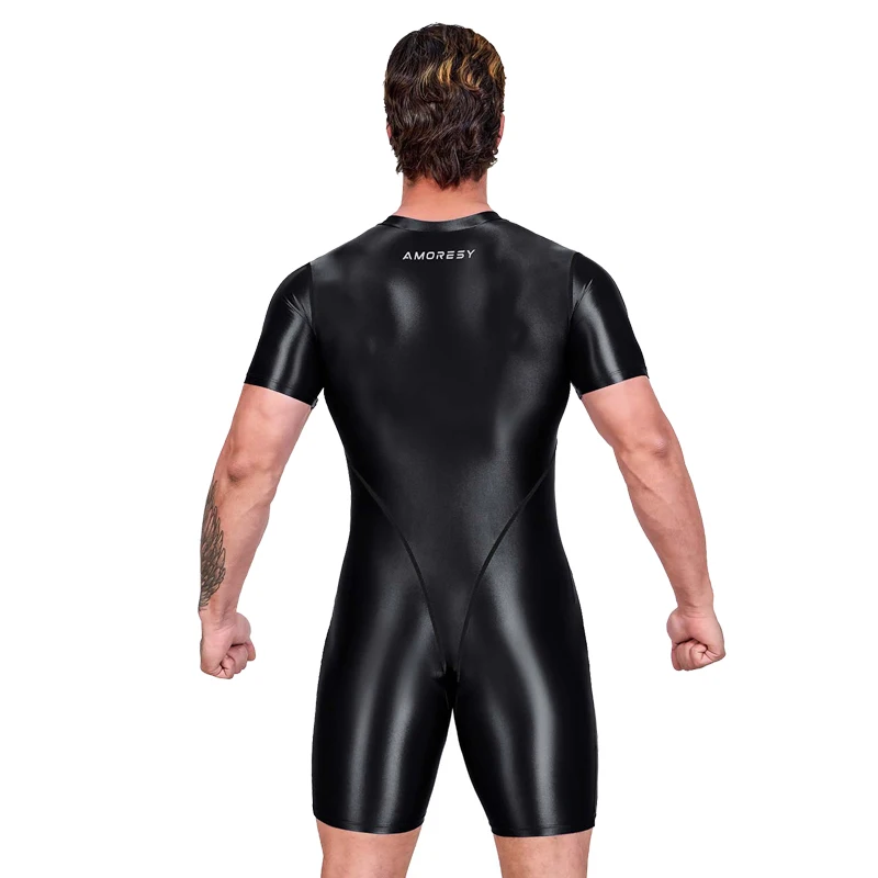 AMORESY Sexy Gloss Shiny  men Tight swimsuit Diving suit Sports Oily bodysuit Cycling, swimming, fitness, running leisure