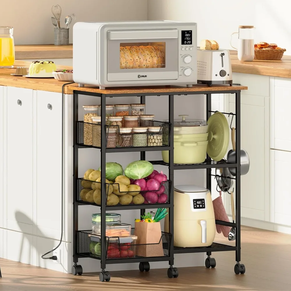 

Kitchen Storage Microwave Cart, Kitchen Island with Adjustable Shelf on Lockable Wheels, Countertop 27.75L × 15.35W, Bak