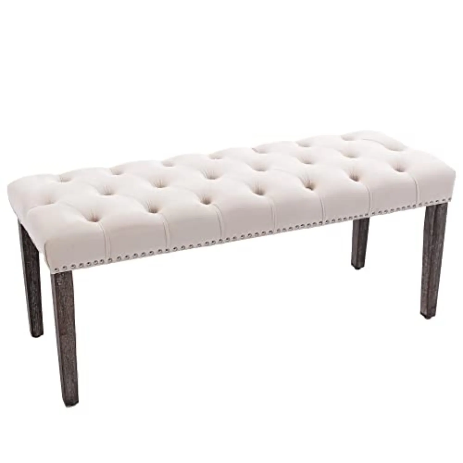 Button-Tufted Ottoman Bench, Upholstered Velvet Bedroom Benches,Beige | Footrest Stool Accent Bench for Entryway Dining