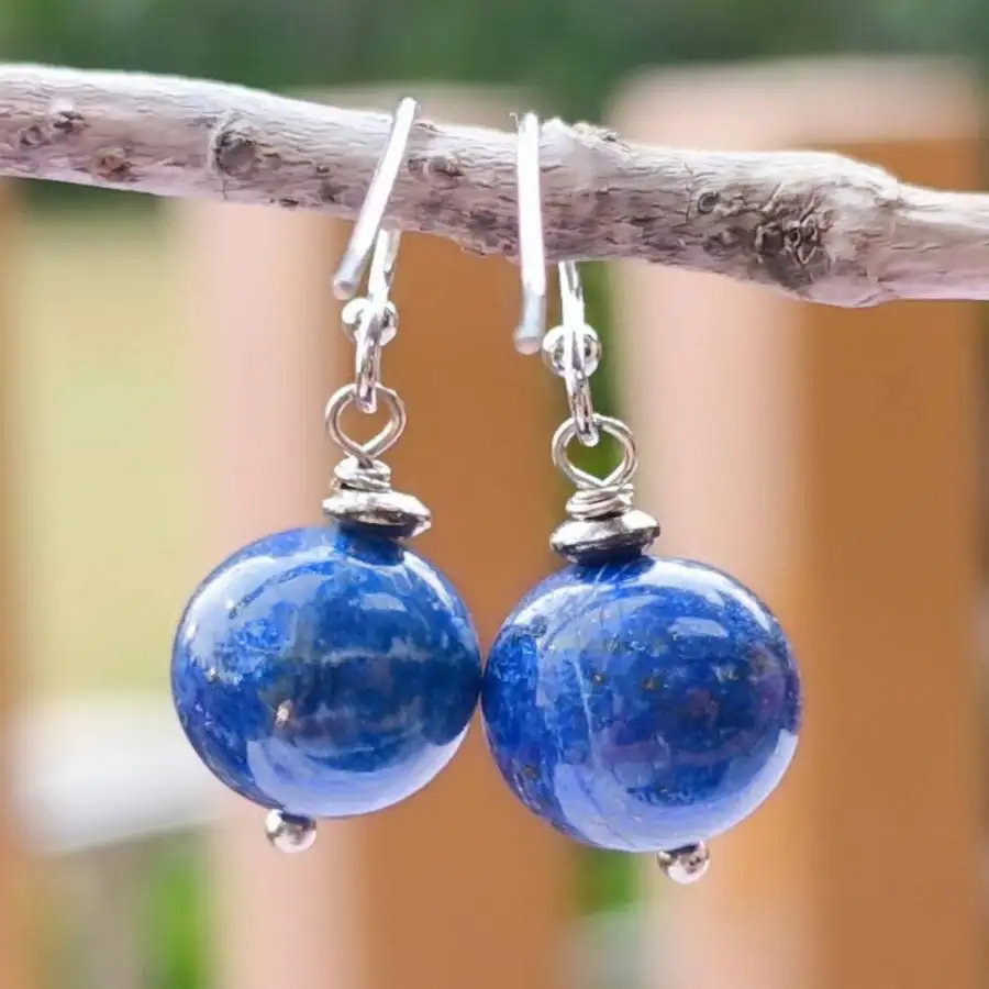 Women Silver Leverback Hook Lapis Lazuli Dangle Earrings Round Natural Stone Drop Earrings Vintage Boho Minimalist Daily