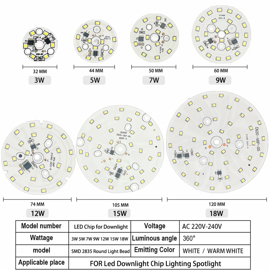 Contas redondas de luz LED para Downlight, Spotlight, SMD, 3W, 5W, 7W, 9W, 12W, 15W, 18W, 2835, AC, 220V-240V