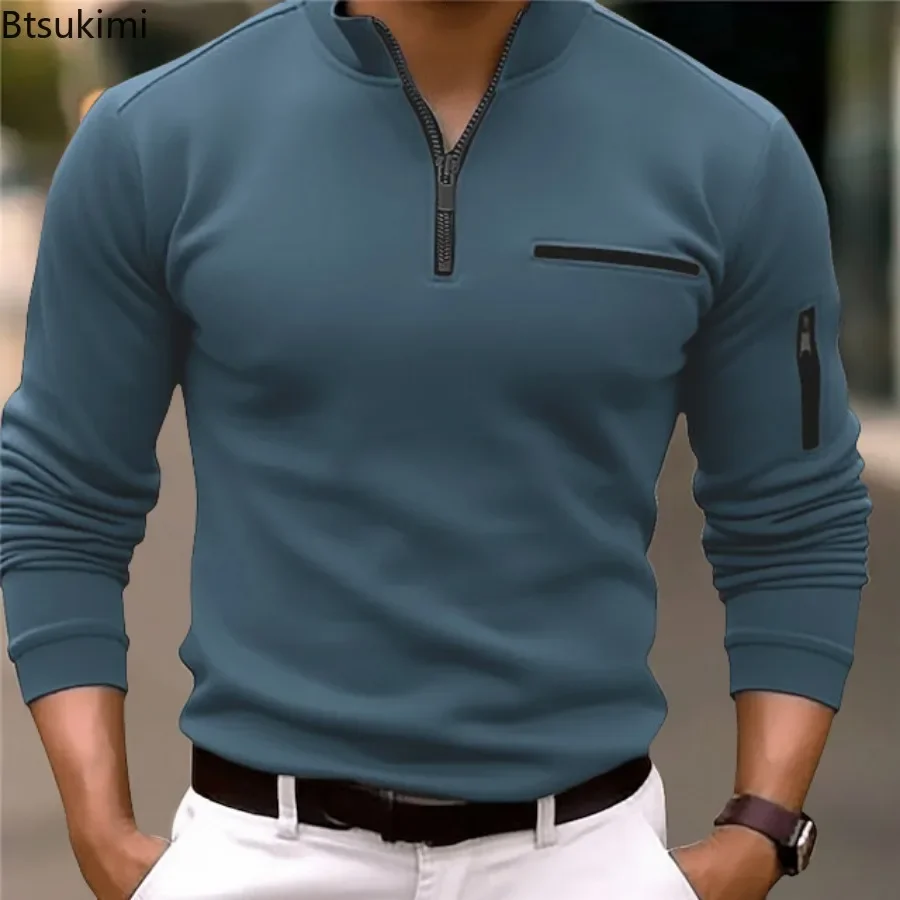 New 2026 Spring Autumn Polo Shirts Men's Business Casual Tops Fashion Stand Collar Half Zip Pullovers Male Solid Sport Golf Tees