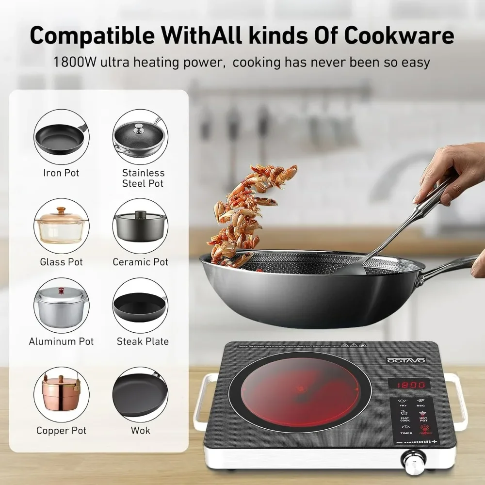 Induction Cooktop, 1800 W, Electric Hot Plate with Touch Control Panel Adjustable Heating, Glass Infrared Cooktop for Cooking