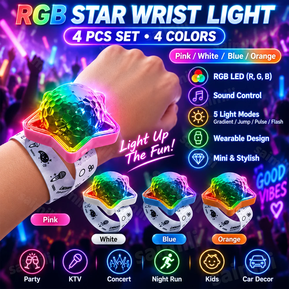 4PCS Rechargeable Wrist‑Worn RGB Disco Projector Light Music Sync Star Shape Night Light Indoor Outdoor Night Gathering Events