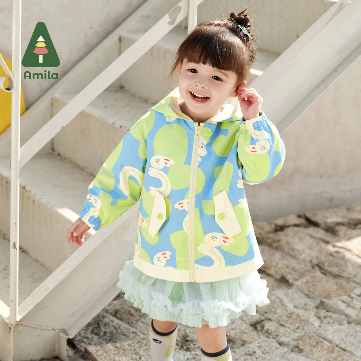 Amila Baby Jacket 2024 Spring New 3-in-1 Waterproof Windproof Printed Coat Girls Boys Cute Children Clothes