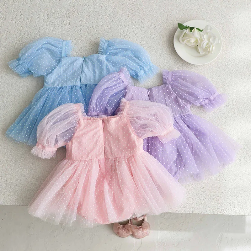 2023 nowy letni maluch dziewczynek kombinezon z krótkim rękawem bawełniana siatka łączenie niemowlę dziewczynka body 0-24M ubrania dla dzieci