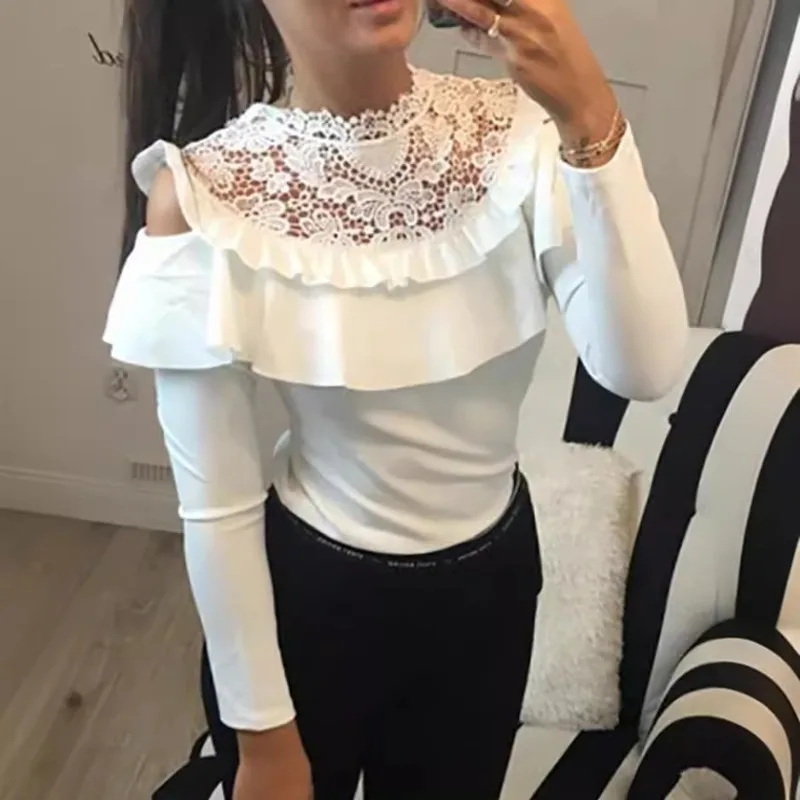 2024 Spring Autumn Women's Clothing Solid Color Round Neck Long Sleeve Lace Stitching Casual All-Matching Tops