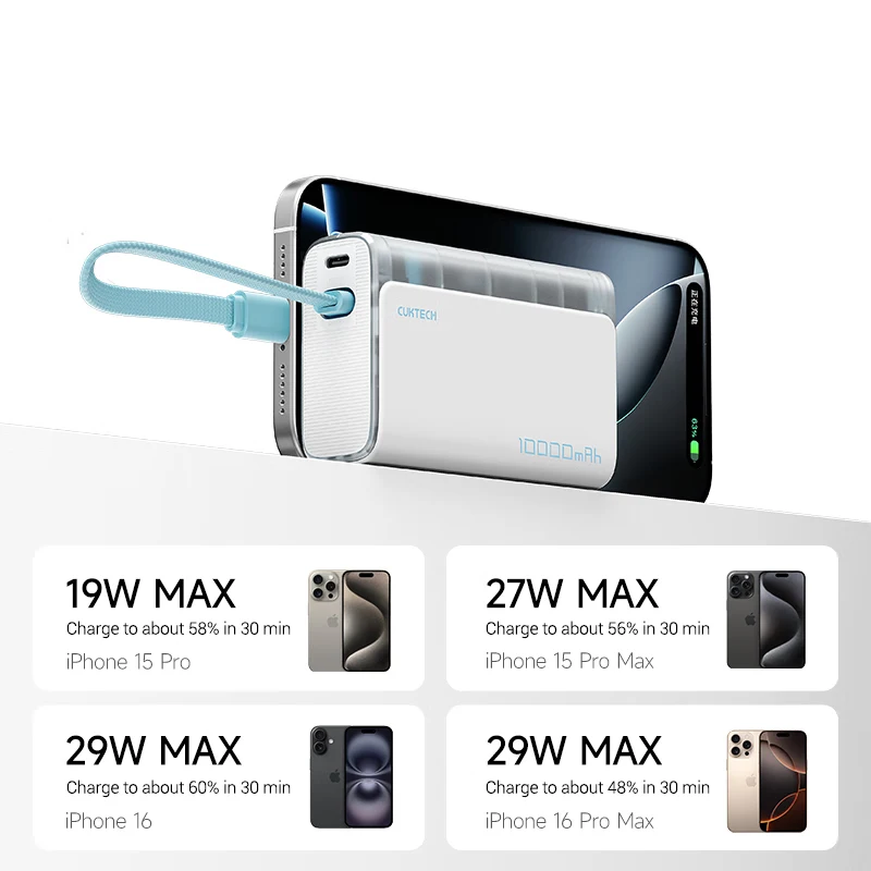 باور بانك CUKTECH 10000 33 وات ماكس كابل مدمج PD PPS UFCS شحن سريع لهاتف آيفون 16 وشاومي 15 وسامسونج