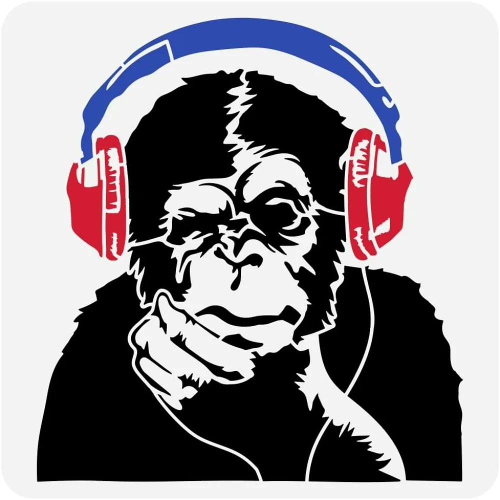 Thinking Monkey Stencil for Painting 11.8x11.8 inch Banksy Thinking Monkey with Headphones Painting Stencil Large Animal