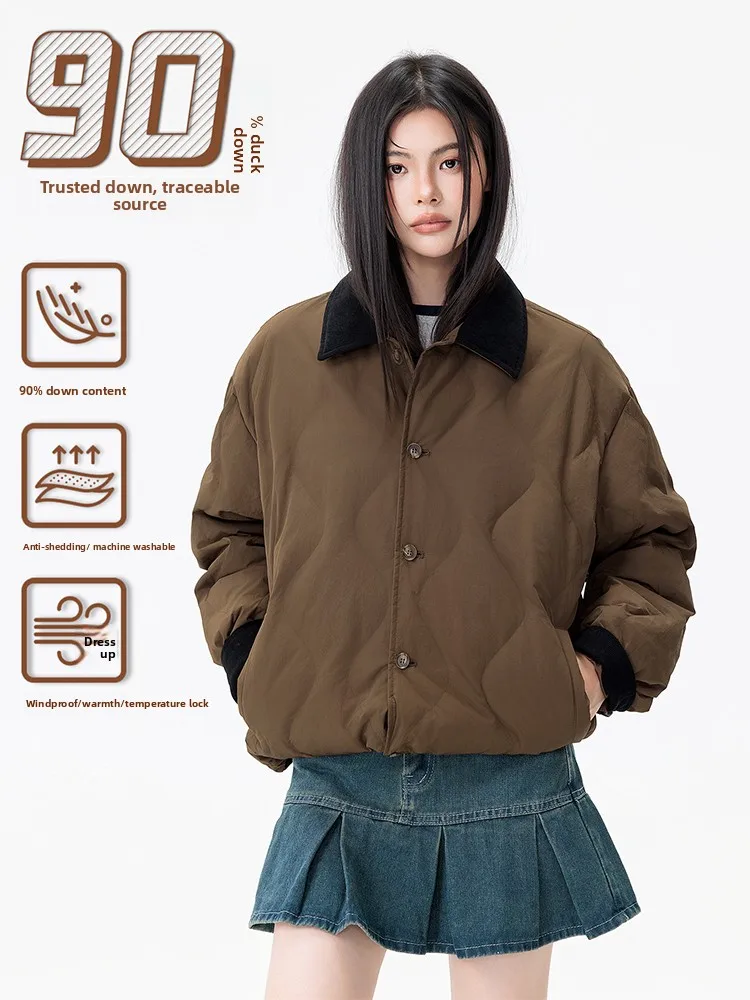Women's Quilted Down Jacket Color Block Corduroy Collar Casual Winter Coat Unisex Couples Parka