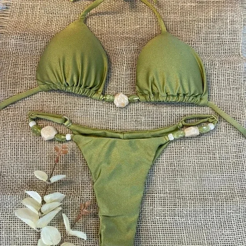 Novo 2025 feminino micro conjunto de biquíni contas decoração cinto maiô sexy halter-pescoço sem costas roupa de banho com cordão beachwear